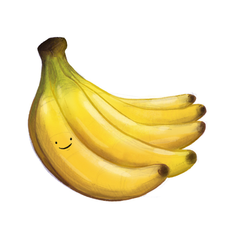 An illustrated bunch of bananas with a simple smiley face